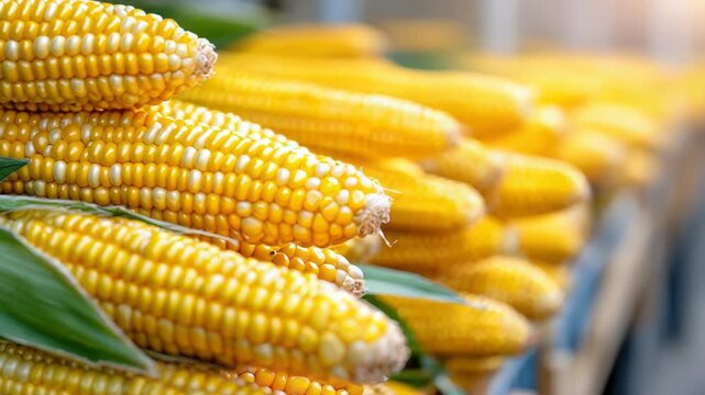 Ripe corn cobs are piled together, showcasing the vibrant yellow kernels and green husks, ready for the next stage of processing or distribution after a successful harvest