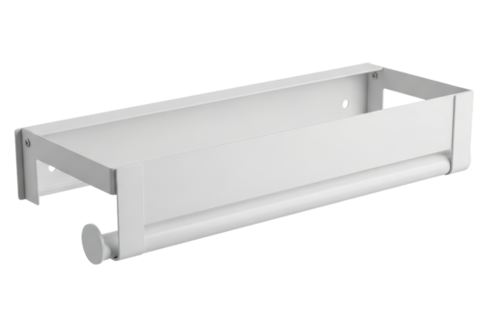 White metal wall-mounted kitchen organizer with paper towel holder isolated on transparent background
