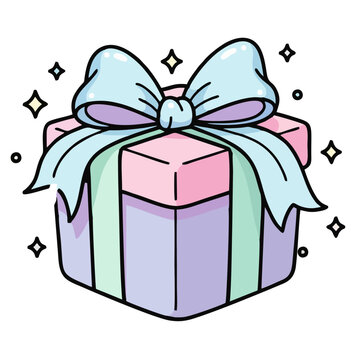 Cute pastel gift box with dreamy bow and sparkling stars, perfect for birthdays and celebrations, originally created as a scalable vector graphic