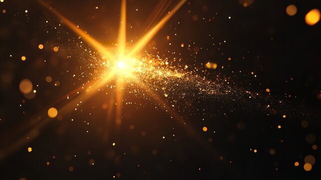Golden starburst with glittering particles on a dark background, creating a magical and festive atmosphere