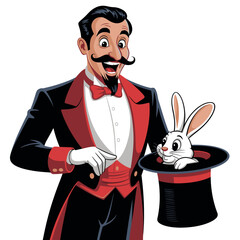 Magician in tuxedo pulling rabbit out of top hat