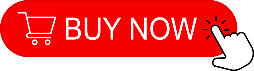 Shopping Cart Buy Now Button. Click Here Button. Buy now red button with hand cursor. Button hand pointer clicking. Click here banner. Online shopping. 