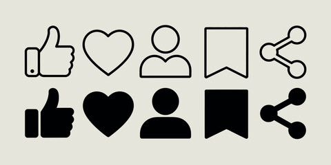Collection of social media icons including like heart user and share symbols