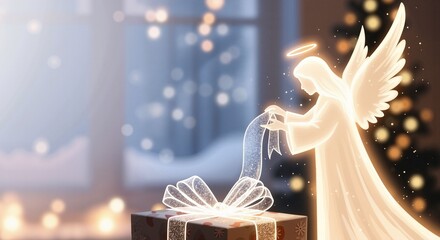 Angel with glowing aura unwrapping gift, festive spirit, Christmas atmosphere, cozy setting, copy space