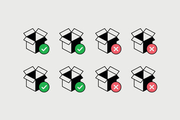Set of open boxes with green checkmarks and red crosses