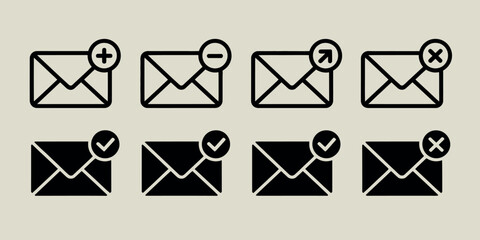 Set of eight email icons with various notification symbols