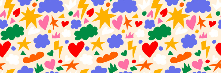 Colorful trendy abstract geometric shape seamless pattern with modern elements doodles. Vector collage drawing style forms collection, background
