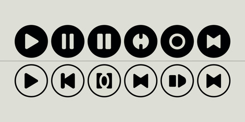 Set of black and white music player control icons on a light background