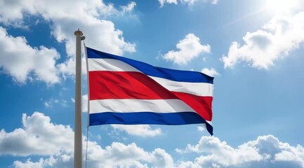Costa Rica National Flag Waving on Tall Flagpole in Sky with Clouds – Costa Rica Independence Day Celebration, Patriotism, Freedom, Costa Rica Culture & Heritage