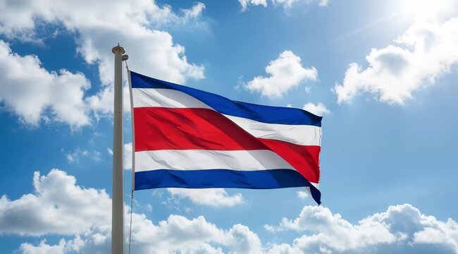 Costa Rica National Flag Waving on Tall Flagpole in Sky with Clouds – Costa Rica Independence Day Celebration, Patriotism, Freedom, Costa Rica Culture & Heritage - Powered by Adobe