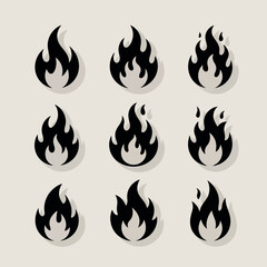 Set of nine black flame icons with white outlines on a light background