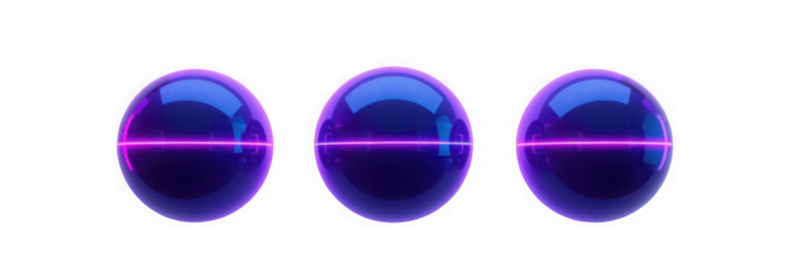 Three luminous spheres with vibrant purple bands on a white background.