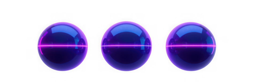 Three luminous spheres with vibrant purple bands on a white background.