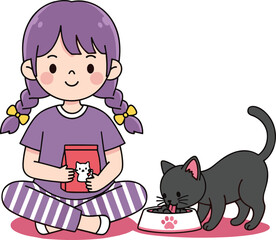 Cartoon girl feeding cat, purple hair, cheerful pet care scene, companionship, cozy moment, playful bond, animal care, friendship illustration