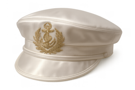 Captain hat with embroidered gold anchor and wreath, representing maritime authority and nautical uniform, transparent background