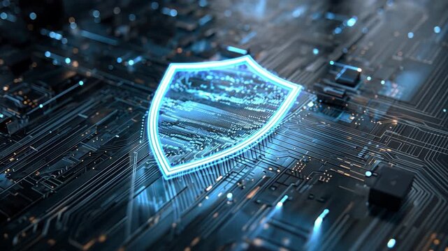Digital Fortress: A glowing, ethereal shield emblem dominates a complex circuit board, symbolizing robust protection. Encapsulating the essence of digital security and safeguarding sensitive data.