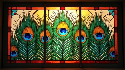 Vibrant stained glass window featuring peacock feather designs and warm border