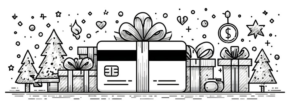 Loyalty card, incentive gift, collect bonus, earn reward, redeem gift, win present, vector mono line icon, linear illustration, outline design