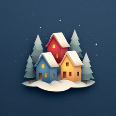Winter scene featuring three colorful houses covered in snow surrounded by pine trees on a blue