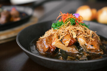 Braised Pork Belly with Chinese Kale and Crispy Fried Shallots