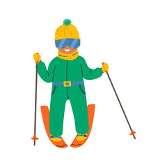 Young people Skiing on Mountains Resort. Child l Riding Downhills by Skis, Wintertime Fun and Leisure Time. Winter Sports Activity and Spare Time. Character Active Lifestyle Cartoon Vector  