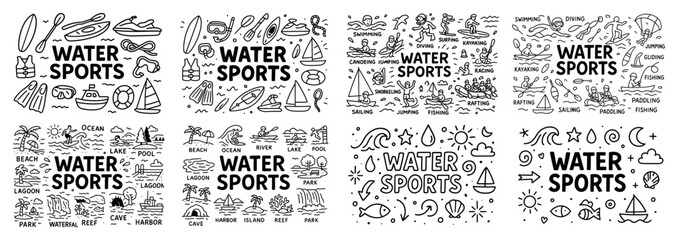 Water sports doodle set: swimming, sailing, diving