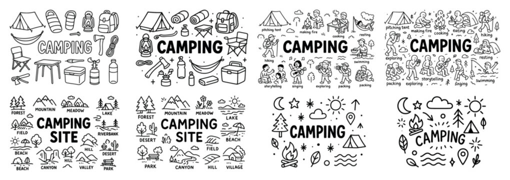 Camping icons and illustrations set