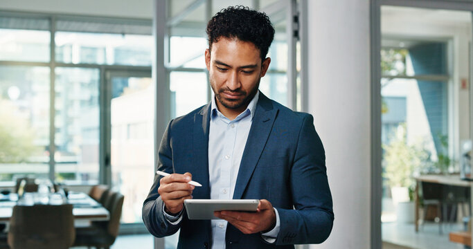 Businessman, tablet and notes at office with review, planning and writing with insight at investment agency. Person, advisor or broker with fintech, application or asset management at finance company