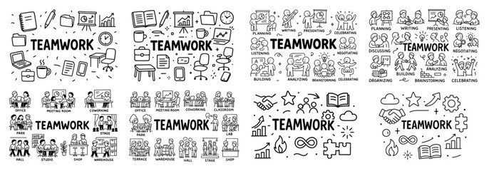 Teamwork doodle illustrations on collaboration themes