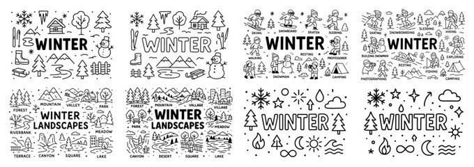 Winter outdoor activities and landscapes doodles