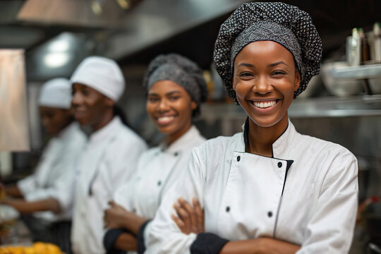 
Smiling african female bakers looking at camera..Chefs baker in a chef dress and hat, cooking together in kitchen.Team of professional cooks in uniform preparing meals for a restaurant in kitchen.