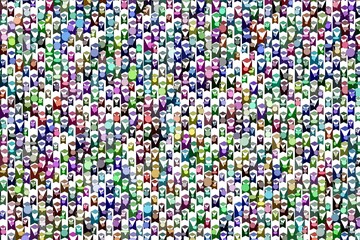 Abstract digital pattern featuring densely packed, multicolored, stylized human faces symbolizing diversity, community, and crowd movement.