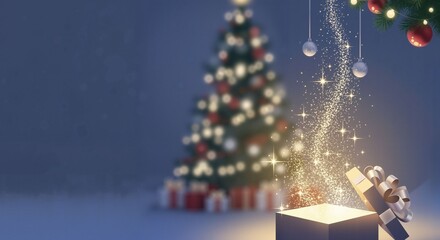 Open gift box with sparkling magic near Christmas tree, festive spirit, cozy atmosphere, copy space