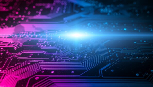 Abstract digital circuit board with a bright light in the center. The image evokes a sense of technological advancement and data processing