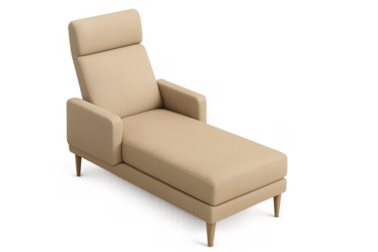 Beige chaise longue in modern contemporary design, providing comfort and relaxation, isolated on transparent background