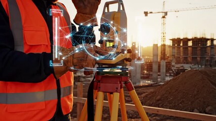 Surveyor using digital theodolite with holographic network overlay at construction site. Engineering measurement equipment, geodetic precision instrument, building development technology, - Powered by Adobe