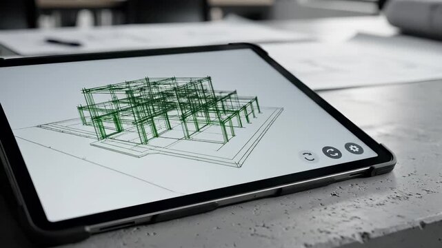 Architectural wireframe model on tablet screen. Cad software design, building structure visualization, digital engineering blueprint, construction planning application, technical drawing interface,