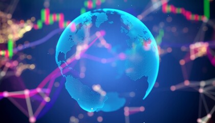 Digital rendering of a glowing globe, highlighting interconnected networks and data flow, suggesting global financial and technological connections