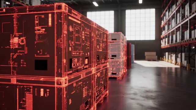 Digital warehouse visualization with red network overlay. Smart logistics infrastructure, inventory management system, transparent data interface, supply chain automation technology, futuristic - Powered by Adobe