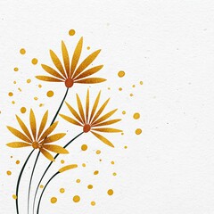 Three abstract golden flowers with brown centers and dark green stems scattered with yellow dots