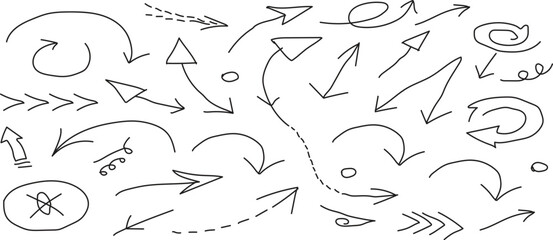 Hand drawn doodle arrow sketch set — curved, spiral and straight arrows collection
