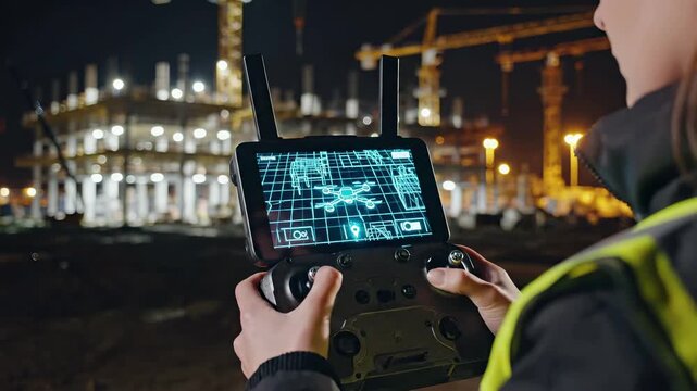 Drone operator controlling uav with remote controller at industrial facility. Aerial surveillance technology, digital navigation interface, refinery inspection operations, night monitoring equipment,