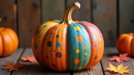 Colorful painted pumpkin with fall leaves on wooden surface