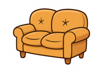 Orange two-seater sofa cartoon illustration on transparent background providing comfort and relaxation for home living