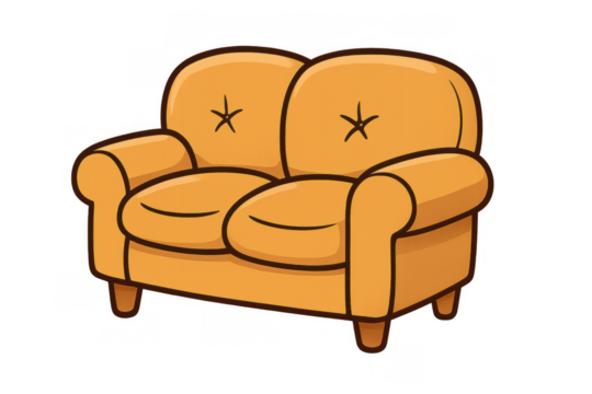 Orange two-seater sofa cartoon illustration on transparent background providing comfort and relaxation for home living