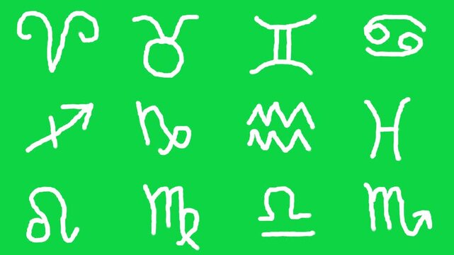 Zodiac Signs Hand Drawn Symbols on Green Screen, Chroma Key Wiggle Scribble Animation