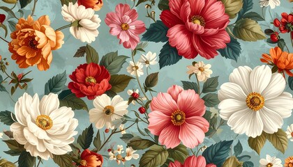 Floral Arrangement with Roses and Other Flowers on Blue Background.