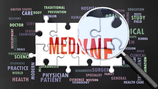 Medicine under magnifying glass, being researched, studied and examined. Most important subjects and ideas closely related to medicine presented as a word cloud. Complexity of medicine. Can be looped.