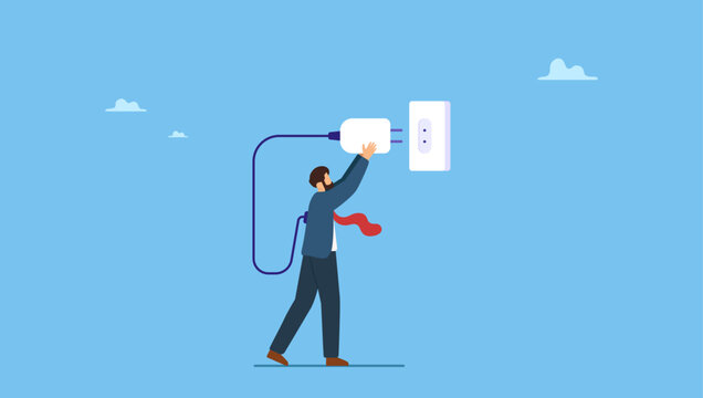 Exhausted overworked businessman plug electric to recharge energy. Recharge yourself, refresh or recover after tried, exhausted or burn out, charge full energy or supply motivation.