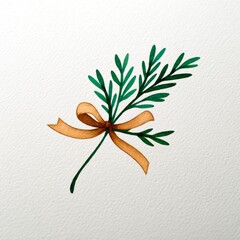 Sprig of greenery tied with a gold ribbon watercolor illustration isolated on a white paper texture